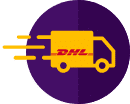 Logo of DHL truck driving.